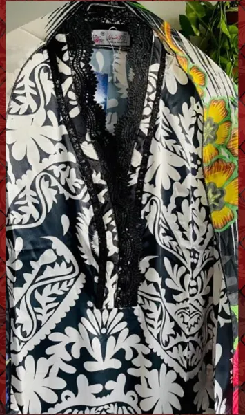 Pakistani Original Rangoon Silk Stitched 3 Pcs _ Black & White 